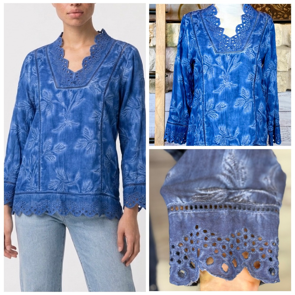 Soft Surroundings Blue Embroidered Eyelet Tunic Top XS Indigo Boho‎ Scalloped
